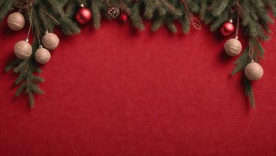 The primary subject of the image is a red background with Christmas ornaments hanging from it. The setting is a festive holiday scene, and the visual style is a combination of photo and digital art. The dominant colors are red and green, creating a warm and celebratory atmosphere.